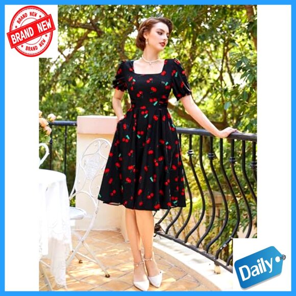 Vintage Square Neck Midi Dress Puff Sleeves Ruched Waist Cottagecore Wedding - Picture 2 of 7